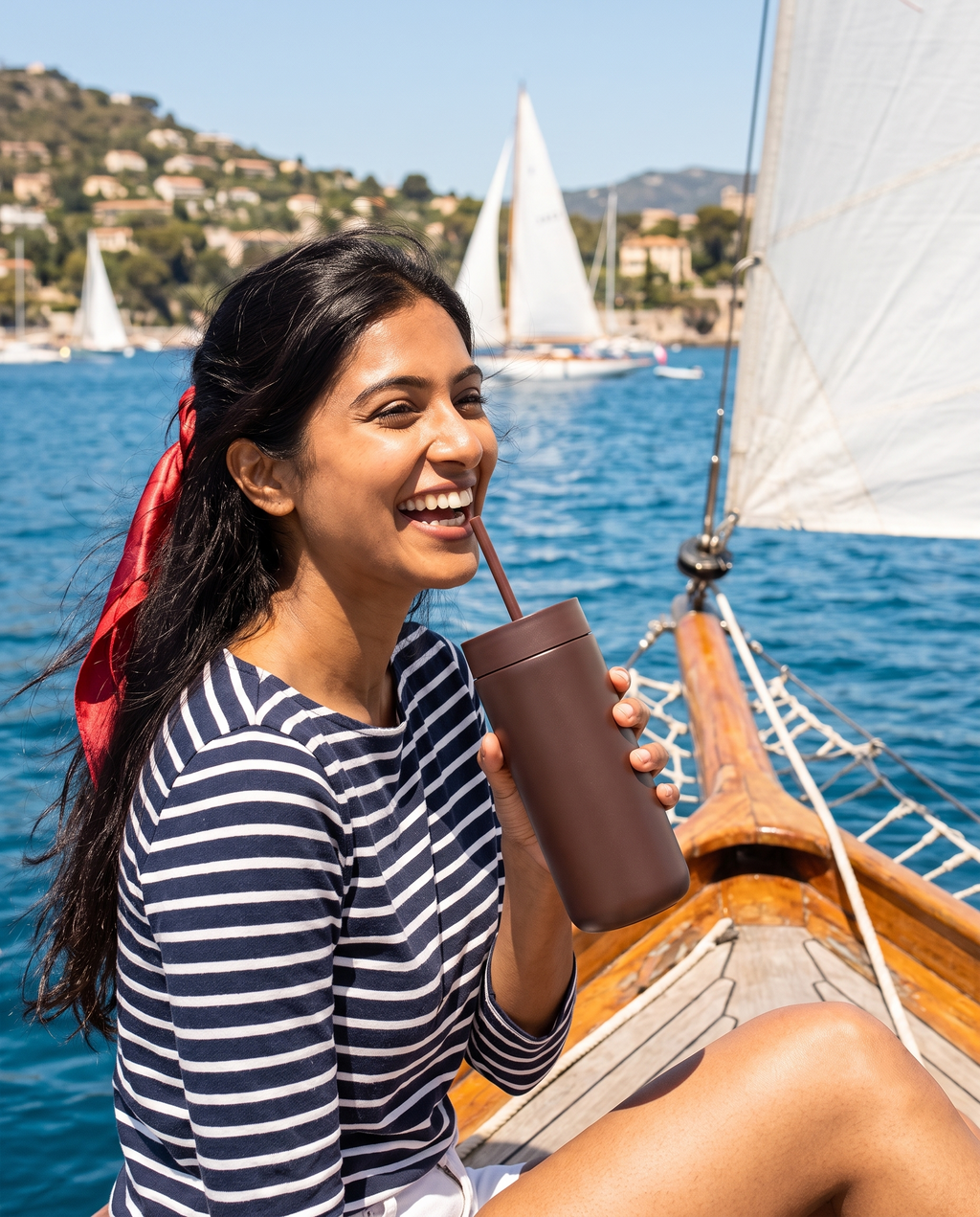Matte straw tumbler on a sailboat